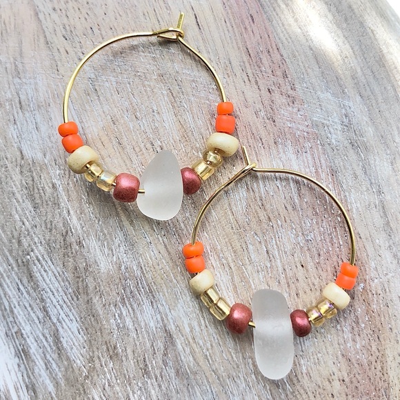 Hand Crafted Jewelry - Genuine Sea Glass Beach Boho Hoop Beaded Earrings